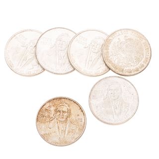Seis monedas en plata ley 0.720, Morelos de 100 pesos. Peso: 166.7 g.