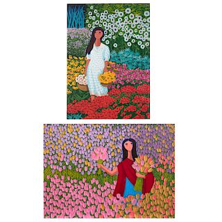 Lote de 2 obras gráficas. Trinidad Osorio. Consta de: Mujer con canastas con flores y Vendedora de flores. Serigrafías 40/200 y 22/200.