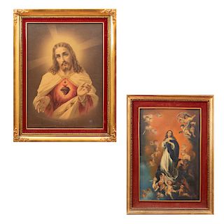 Lote de 2 obras pictóricas. Enmarcas en madera dorada. Consta de: Firmado Ovelarde. Virgen de la Inmaculada Concepción y otro.