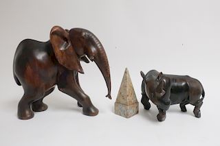 African Ebony Carved Elephant and Rhinoceros