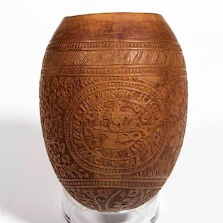CARVED AND INSCRIBED COCONUT SHELL