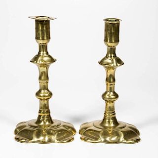 PAIR OF SIGNED GEORGE GROVE (BRITISH, ACTIVE MID 18TH CENTURY) BRASS CANDLESTICKS
