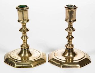 BRITISH OR CONTINENTAL BAROQUE BRASS CANDLESTICKS, LOT OF TWO