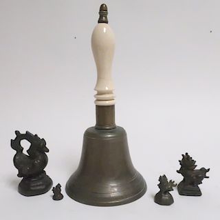 4 Asian Bronze Scale Weights & School Bell