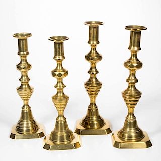 BRITISH OR CONTINENTAL BRASS CANDLESTICKS, LOT OF FOUR