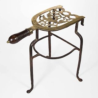 BRITISH OR CONTINENTAL BRASS, IRON, AND WOOD HEARTH TRIVET / KETTLE STAND