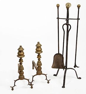 BRASS AND IRON FIREPLACE ARTICLES, LOT OF THREE