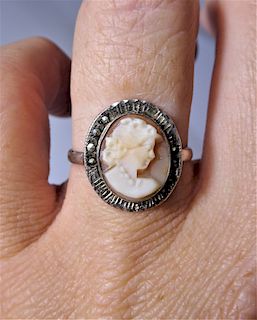 Antique Sterling Cameo Marcasite Ring
