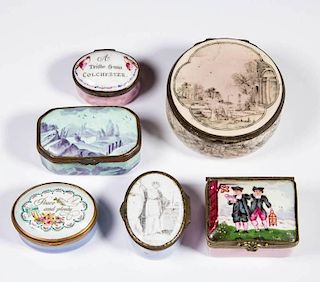 BATTERSEA / BILSTON AND CONTINENTAL ENAMEL SNUFF / PILL BOXES, LOT OF SIX