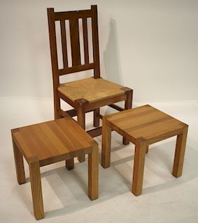 Pair Square Oak Side Tables and Rush Side Chair