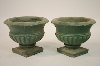Pair of Green Painted Cement Garden Urns