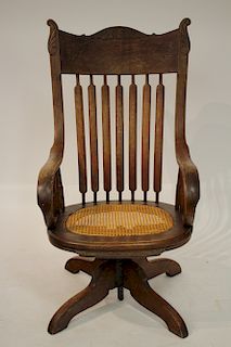 Antique American Oak Swivel Armchair, Caned Seat