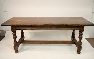 Antique Oak Library Table, Turned Legs, Stretchers