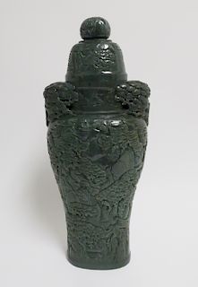 Chinese Very Large Spinach Jade Vase & Cover
