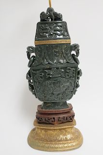Large Chinese Spinach Jade Vase as Lamp