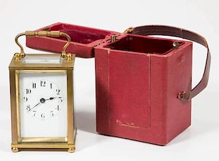 FRENCH BRASS CARRIAGE CLOCK WITH FITTED TRAVEL CASE