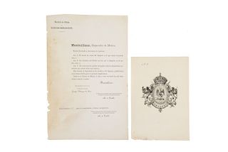 Habsburgo, Maximiliano de. Circular sobre Decreto del Escudo de Armas y Bandera del Imperio / Modelo No. 1 de Escudo de Armas. Pzas: 2