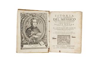 Solís, Antonio de. Istoria della Conquista del Messico. Venezia, Per Andrea Poletti, 1715. 8 láminas.