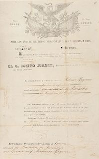Juárez, Benito. Nombramiento a Antonio Requena. México, 1865. Firma. 42.5 x 26.8 cm.
