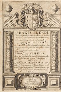 Pareja et Quessada, Gabriele de. Praxis Edendi. Sive de Universa Instrumetorum... Matriti, 1643. Tomo 1. Frontis y Portada grabadas.