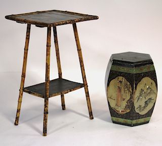 Chinese Hexagonal Painted Box and Bamboo Table