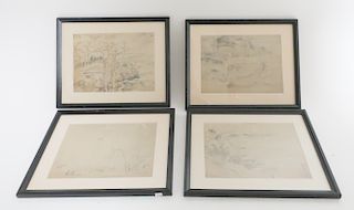 4 Chinese Landscapes W/C On Seamed Paper