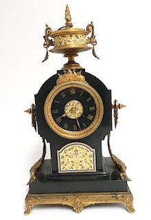 French Marble, Bronze, and Champleve Mantel Clock