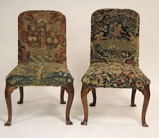 Pair of 18th C Queen Anne Carved Needlework Chairs