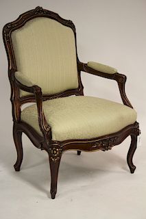 Louis XV Style Carved Wood Upholstered Fauteuil