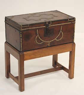 19th c. Brass Tacked Box on Later Cherrywood Stand