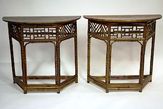 Pr. Chinese Chippendale Style Bamboo Demi Lune