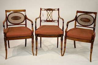 3 Edwardian Satinwood Open Armchairs, c 1900