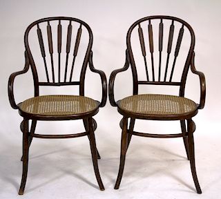 Pr. of Oak Bentwood and Caned Arm Chairs