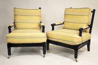 Pair Hickory Chair Upholstered Spool Chairs