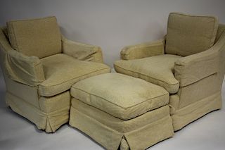 Pr.  Modern Upholstered Lounge Chairs and Ottoman