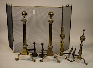 2 Pairs of 19th C. Andirons & Fire Screen