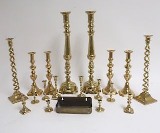 9 Prs. of Brass Candle Holders, some poss.19th C
