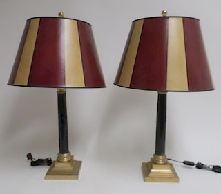 Pr. of Stone Brass Columnar Table Lamps