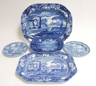 5 Staffordhire Blue & White Pottery Pieces, c 1840