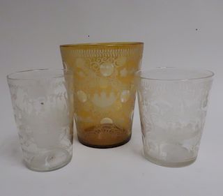 3 Bohemian Etched Glass Vases