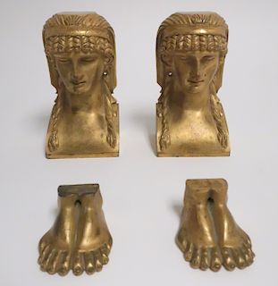 Pr Gilt Bronze Caryatid Bust and Feet Finely Cast