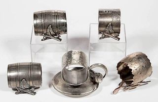 AMERICAN VICTORIAN SILVER-PLATED FIGURAL NAPKIN RINGS, LOT OF FIVE