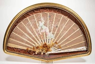 FRENCH HAND-PAINTED SILK AND MOTHER-OF-PEARL HAND FAN