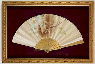 VICTORIAN HAND-PAINTED SILK AND WOOD LADY'S HAND FAN