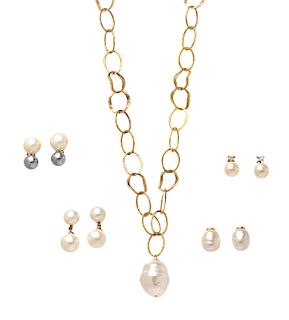 Four Pairs of Faux Pearl Earrings & Goldtone Necklace with Drop