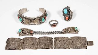 NAVAJO AND OTHER SILVER JEWELRY, LOT OF FIVE