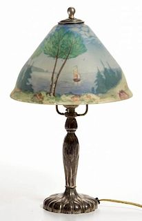 PAIRPOINT REVERSE-PAINTED SCENIC SHADE BOUDOIR LAMP
