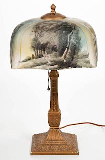PITTSBURGH REVERSE-PAINTED GLASS SCENIC SHADE TABLE LAMP