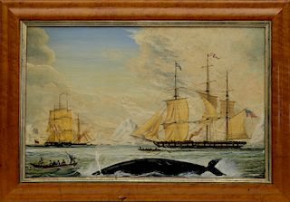 AMERICAN SCHOOL OIL ON TIN "AMERICAN AND BRITISH WHALING SHIPS IN THE ARCTIC"