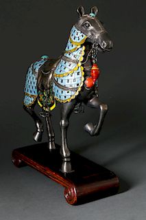CHINESE SILVER AND POLYCHROME ENAMELED MODEL OF A CAPARISONED HORSE